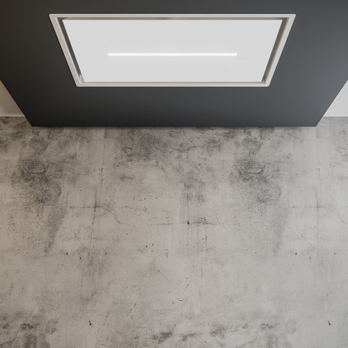 Less cappa a soffitto con pannello in vetro bianco e luci led
